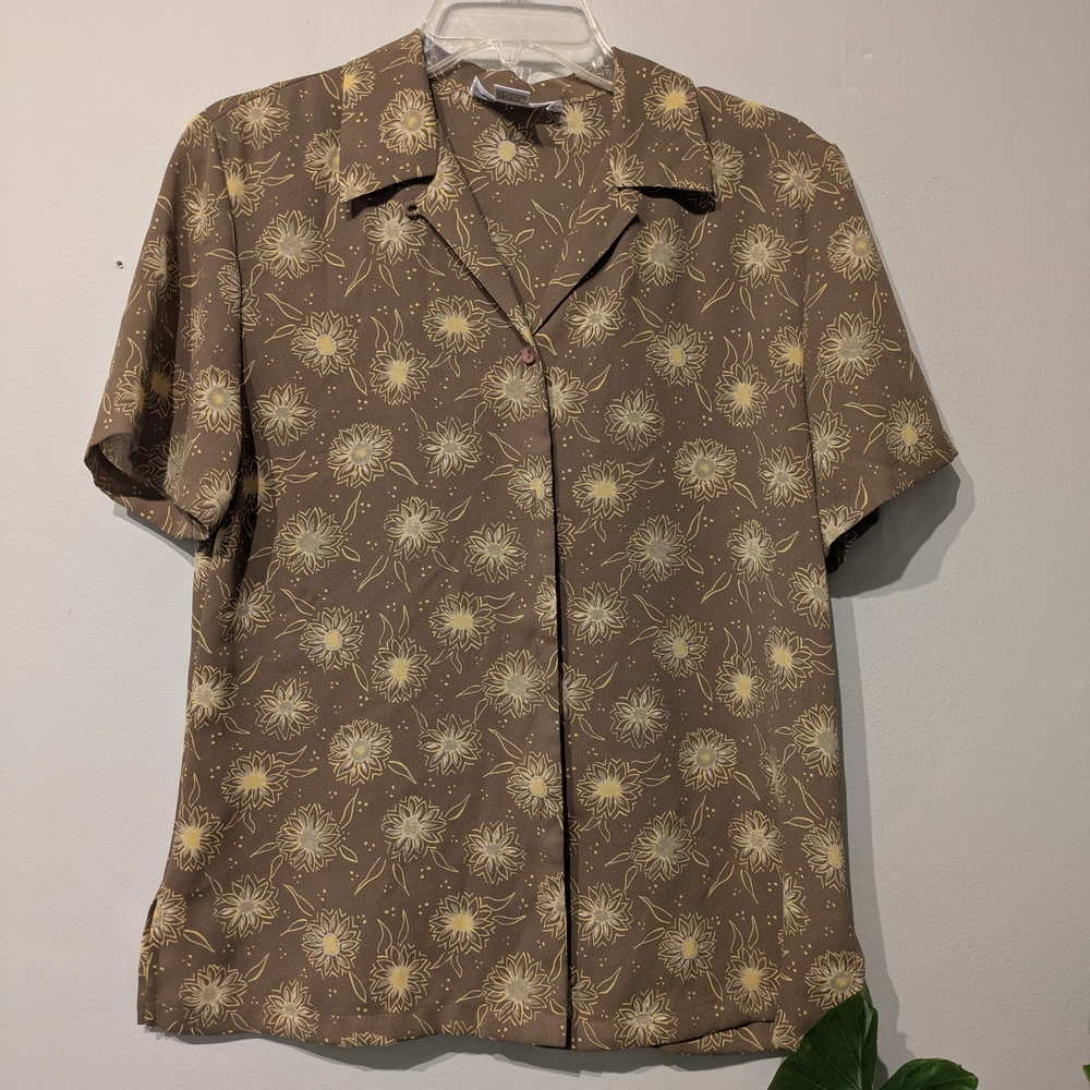 Brown and Yellow Button Down Shirt with Floral Pattern